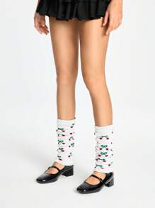 ROMWE 1 par de calentadores de piernas blancos lindos y kawaii con estampado de múltiples cerezas pequeñas - Blanco - Ver 4
