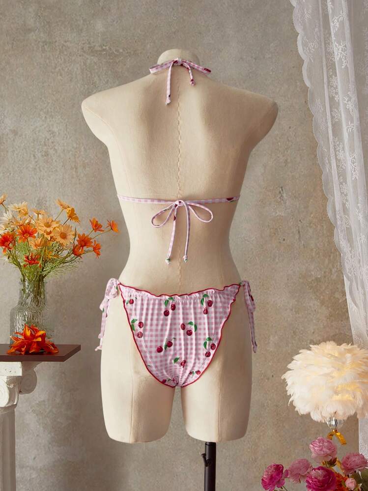 SHEIN Swim Swim 2 Pcs Women Cherry Random Print Halter Flounce Bikini Set, Summer - Multicolor - View 3