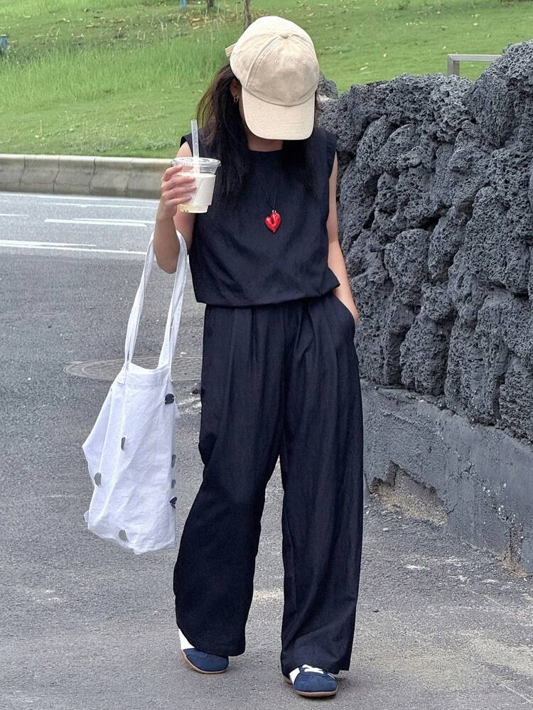 2pcs Tween Girl Sleeveless T-Shirt And Straight Pants Set, Fall Clothes, Back To School Clothes