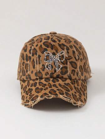 Grunge Punk 1 pièce Casquette de baseball pour femmes avec motif léopard et nœud strass