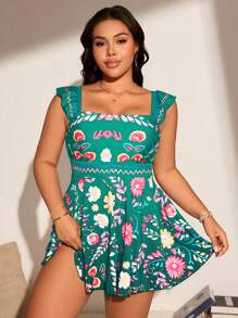 Swim Lushoire Plus Size Elegant Resort Style Printed Tankini Swimwear For Summer Beach Vacation - Green - View 5