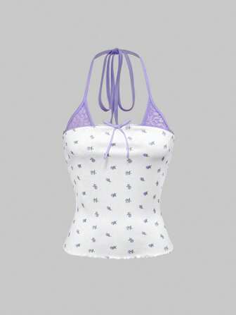 Kawaii Canotta estiva carina con stampa floreale ditsy, con decorazioni in pizzo e chiusura a fiocco, per donne