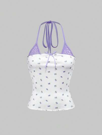 Kawaii قميص كامي نسائي مزين برباط أمامي، فيه زخرفة دايزي ورقة وتل لطيف مثالي للصيف والشاطئ