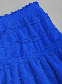 SHEIN Unity 纯色荷叶边双层下摆半身裙，休闲度假风 Y2K 迷你短裙 - 寶藍色 - 查看 4