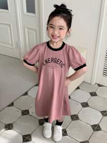 Dazy Kids 年轻女孩夏季字母印花圆领短款泡泡袖休闲连衣裙 - 淺粉色 - 查看 7