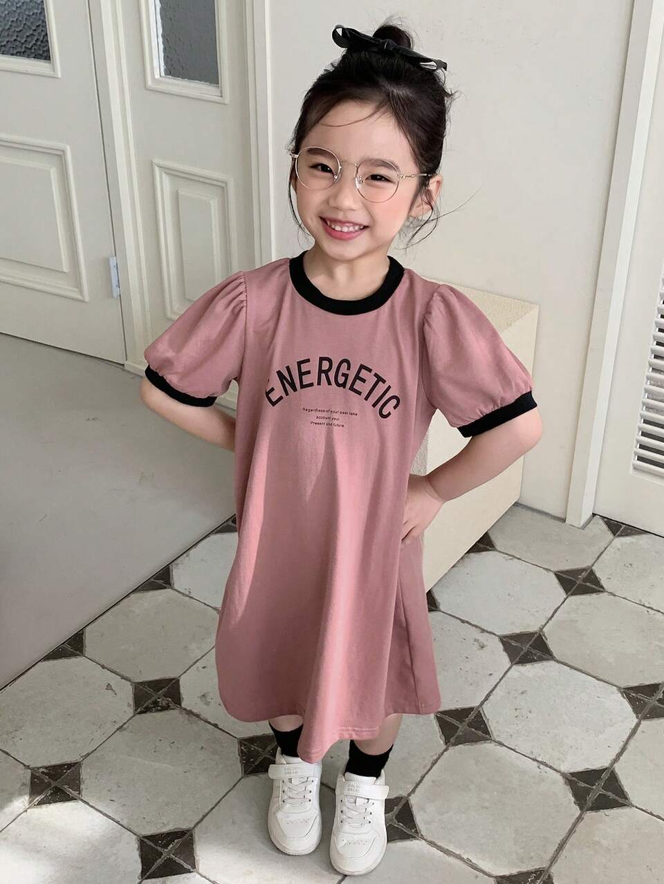 Young Girl Summer Letter Print Round Neck Short Puff Sleeve Casual Dress