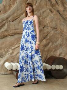 SHEIN LUNE Robe de plage d'été de haute qualité à volants fleuris pour femmes, bleu français, pour les vacances - Bleu et Blanc - Voir 5