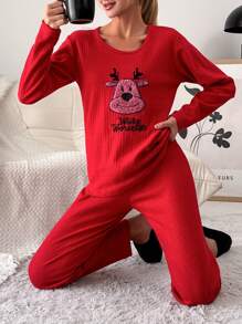 EURMUSE 100%Cotton Embroidery Cartoon & Letter Pattern Lounge Set - Red - View 1