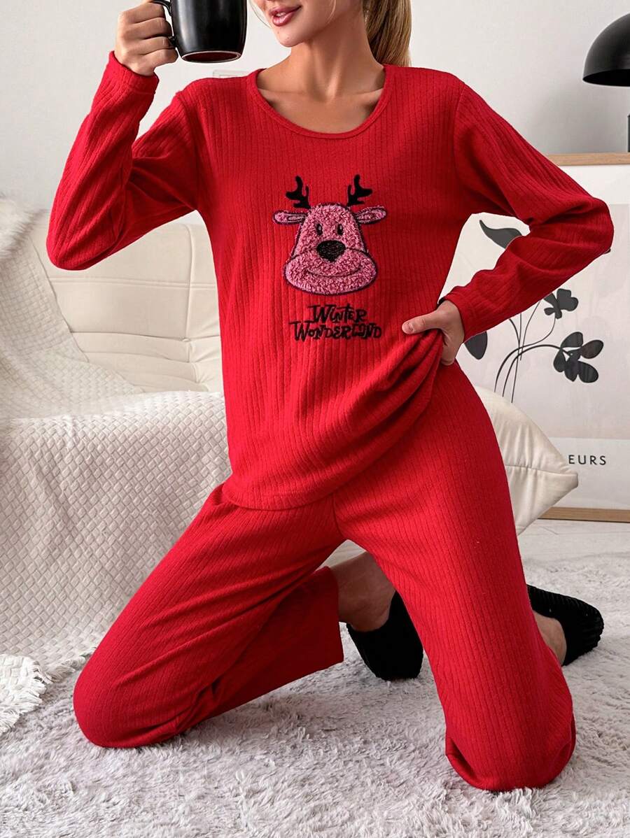 EURMUSE 100%Cotton Embroidery Cartoon & Letter Pattern Lounge Set - Red - View 1