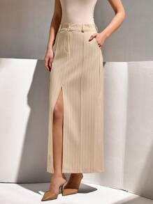 CLARA VERO 女士条纹牙签设计开衩下摆优雅中长裙 - 米色 - 查看 4