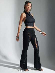 Denimoi Low Rise Lace Up Cut Out Washed Boot Cut Denim Jeans - Black - View 5