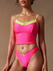 SHEIN Unity Cute Pink Summer Beach Holiday Color Block Neon Bikini Top, Gyaru Club Concert Music Festival National Tour Poolside Vacation Party - Black - View 6