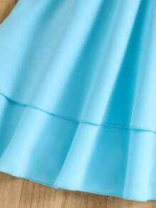 SHEIN 2 Pieces Girls Outfit, Collared Contrast Mesh Embroidered Short Sleeve Shirt And Elastic Waist Tiered Skirt, Elegant For Girls, Spring/Summer, Girls Skirt And Blouse Sets Age 10