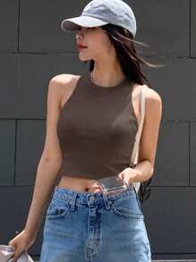 DAZY Women's Solid Color Round Neck Sleeveless Short Rib Knit Casual Tank Top, Summer,Back To School Clothes Crop Women Tops