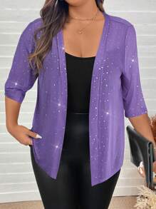 SHEIN LUNE SHEINLUNE 女士加大码水钻装饰网眼透视夹克感恩节女士新年女士冬装女士冬装狂欢，圣诞服装女士亮片上衣女士生日新年连衣裙女士新年前夜外出上衣女士，办公室穿着，新年女士，派对，商务休闲女士，老钱风格，情人节，爱情/情人 - 紫色 - 查看 4