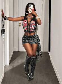 BamGleam 女式字母与汽车印花十字交叉设计短款性感吊带背心 - 黑色 - 查看 3