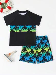 男童棕榈树印花短袖泳衣上衣和短裤