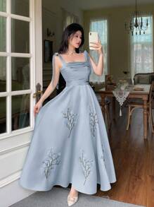 Feyla Women's Elegant Floral Embroidery Ruched Bodice Knot Shoulder Dress, Summer