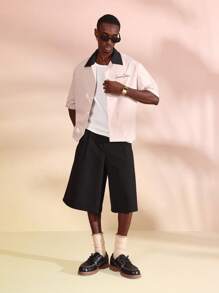 Camisa de trabajo de manga corta con cuello de contraste, de estilo de vida de la marca Sumwon Studios, con estampado urbano, ligera, de ajuste holgado, para uso casual en primavera y verano - Beis - Ver 4