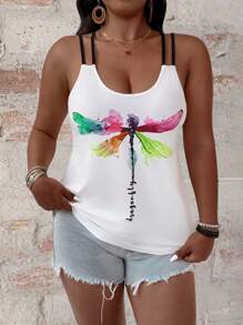 EMERY ROSE Plus Size Women Dragonfly Print Casual Fashion Camisole - White - View 3