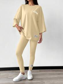 Mulvari 女士夏季休闲字母印花T恤和紧身裤两件套 - 卡其色 - 查看 4