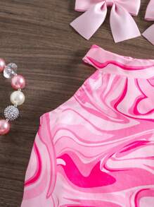 SHEIN LMoss Kids Baby Girl Summer Allover Print Asymmetrical Ruffle Hem Halter Top And Flare Pants Set