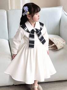 SHEIN 1pc Girl's Casual Lulu Style White Shirt Dress With Black & White Striped Cape,Sweet Back-To-School Family Matching Sets For Autumn,Sunny Dress - White - View 1