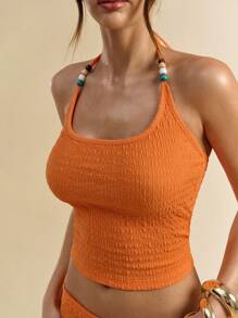 SHEIN BAE Bộ 2 món/Bộ áo crop top dây mảnh màu cam kết cấu trơn và váy dài cạp trễ cho nữ, trang phục nghỉ dưỡng cho mùa xuân/hè - trái cam - Xem 7