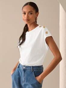 Lilora Camiseta casual de manga corta con diseño de botones metálicos para mujer, camiseta de algodón 100% de unicolor blanco, atuendos de verano para mujer, elegantes para salidas urbanas, apropiada para fiestas diarias, primavera y verano.