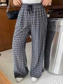 Dazy Plus Plus Size Plaid Elastic Waist Drawstring Loose Casual Long Pants - Navy Blue - View 3