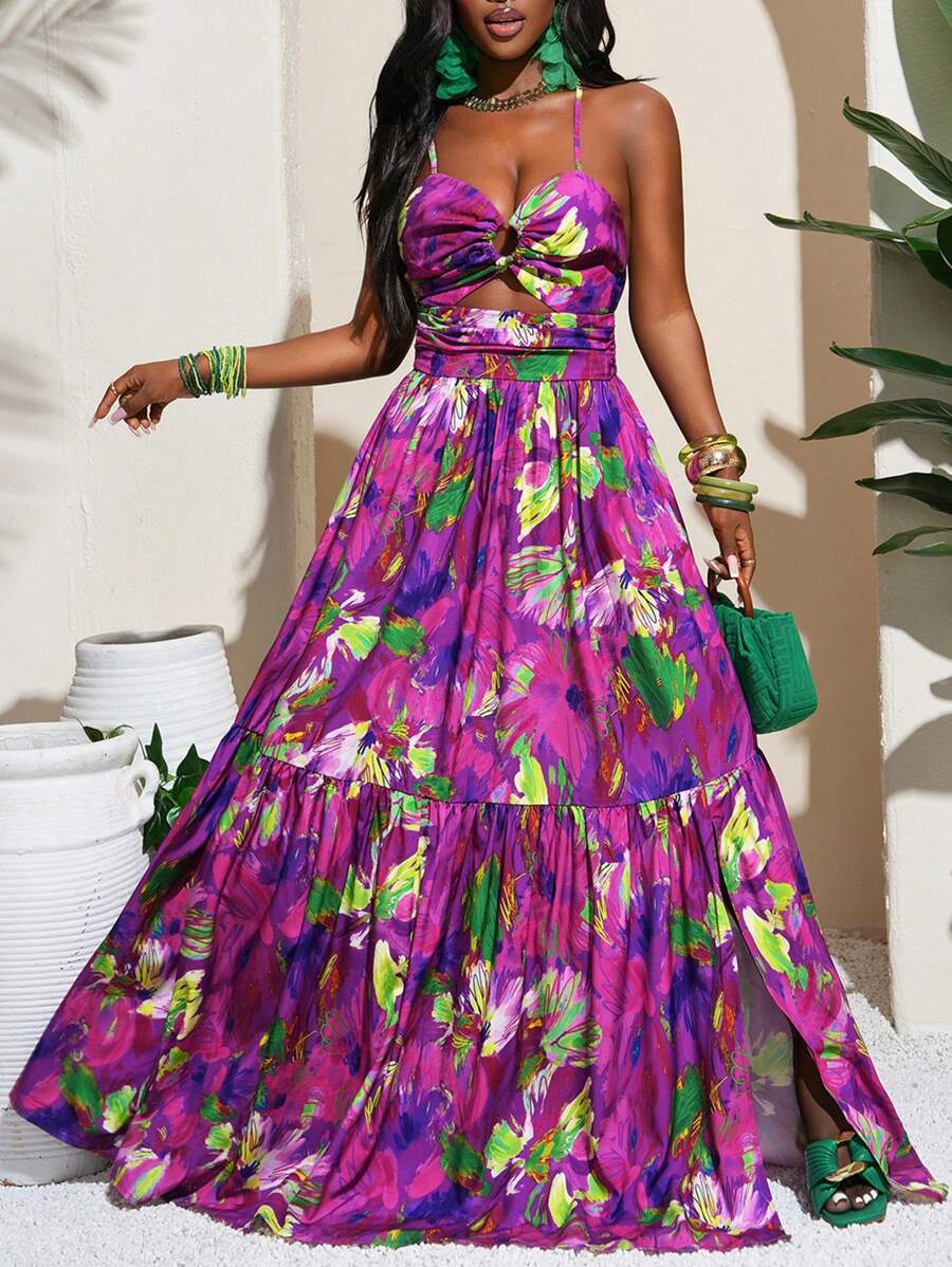 Slaydiva Vestido largo con espalda descubierta, tirantes con nudo y bajo en capas con estampado tropical sexy para vacaciones de verano para mujeres - Morado - Ver 1