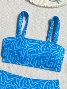 Swim Vcay Set de 2 piezas de bikini de verano para mujer con parte superior de tirantes y Bottom de cintura alta, estampado de color aleatorio, para playa y resort - Azul - Ver 5