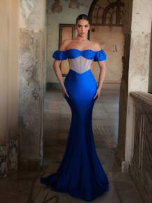 Glamrae Elegante e lussuoso abito da sera lungo con gonna a coda di pesce, realizzato a mano con perle blu, scollo a spalle scoperte, maniche a sbuffo, vita arricciata e gonna trasparente, adatto per cerimonie di laurea, matrimoni, vacanze, addio al nubilato, eventi formali e cene di gala