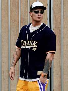 DAZY Summer Decoration Striped Collegiate Style Navy Blue Men's Shirt Business Attire