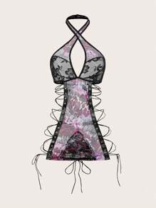 交叉带、侧开衩、露背、豹纹、抽绳开合性感女式睡袍 - 彩色 - 查看 5