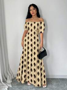 Elenzga 印花露肩蝴蝶结腰带A字长裙女装 - 卡其色 - 查看 6