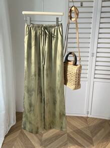 Elamini Women's Satin Tie-Dye Print Drawstring Waist Loose Leg Pants Fall Cloth For Women - Green - View 4