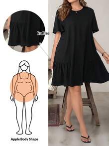 SHEIN Essnce 大码女装春夏时尚休闲宽松舒适凉爽日常基本款短袖黑色短裙，老钱风格，女士礼服，女士教师装，外出装，女士度假装