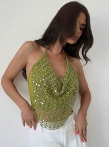 Firerie 女士休闲性感亮片时尚沙滩度假露背垂褶领钩编纹理绿色吊带背心，适合音乐节、派对和度假。 - 綠色 - 查看 4