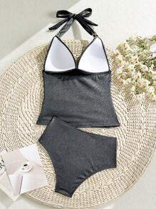 Swim Lushoire 1 Set Women's Mature Swimsuit, Black Special Fabric Tie Neck Side Ruched Gold Accent Triangle Hard Cup Triangle Bottom Two Pieces For Summer Beach Vacation - Black - View 7