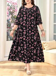 SHEIN Lacomfia Women's Loose Ruffle Pocket Ditsy Floral Casual Midi Dress, Romantic Elegant Comfortable, Suitable For Plus Size, Daily Wear