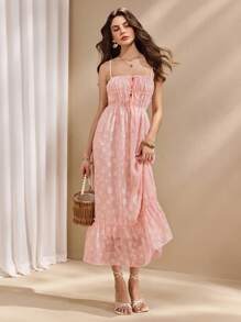 Almamuse Women's Spaghetti Strap Ruffled Hem Cutout Floral Print Elegant Summer Slip Dress