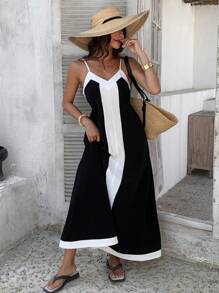 Strévra Abito lungo da donna senza maniche, patchwork, vestiti casual da donna