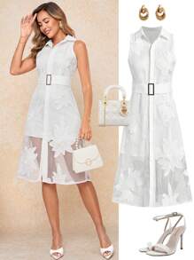 Ellevyn Damen Spitze Patchwork gestreiftes Hemdkleid mit lila Gürtel, elegantes Pendlerkleid für Frühling/Sommer