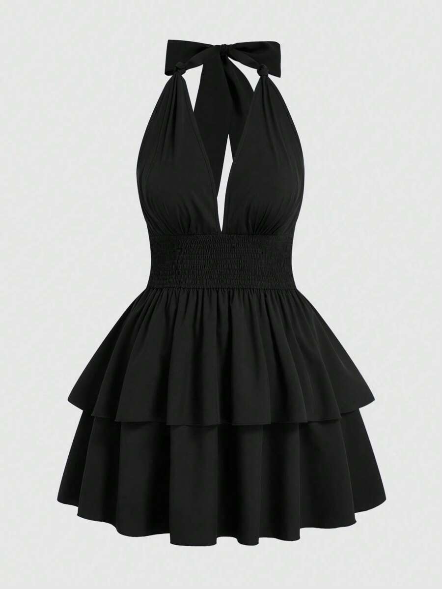 Sweetra Đầm dài vừa phải hở lưng màu trơn thanh lịch cỡ lớn 1 mảnh, dây mảnh hở lưng, bộ Y2K, hoàn hảo cho tiệc Giáng sinh - màu đen - Xem 1