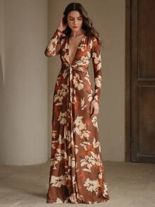 Anewsta 优雅珊瑚红针织连衣裙，腰带系带，浪漫海滩，节日，女士假日服装，春夏秋季 - 棕色 - 查看 3