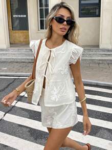 Serisse 2件套女士度假休闲提花系带上衣和短裤套装 - 杏色 - 查看 5