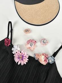 SHEIN EZwear Đầm dự tiệc màu đen họa tiết hoa 3D rộng rãi thoải mái cho nữ cỡ lớn mùa hè - màu đen - Xem 7