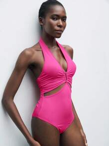 Maija Women's Black Laser Cut Waist Design Cruise Travel Bodysuit, Hollow-Out V-Neck Pleated Backless Sexy Summer Beach Dress,One Piece Swimsuit