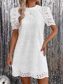 SHEIN Clasi Embroidered White Fabric Round Neck Puff Sleeve Short Sleeve Crop Fitted Dress For Women Vacation Outfits Woman Summer Outfits For Women Summer Dresses For Women White Dress